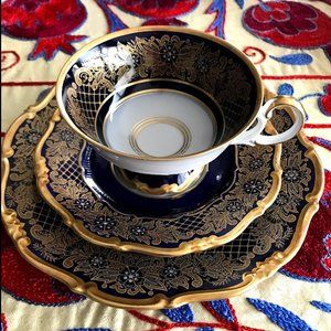 Vintage German Twilight Blue + Gold Teacup w/ matching plates